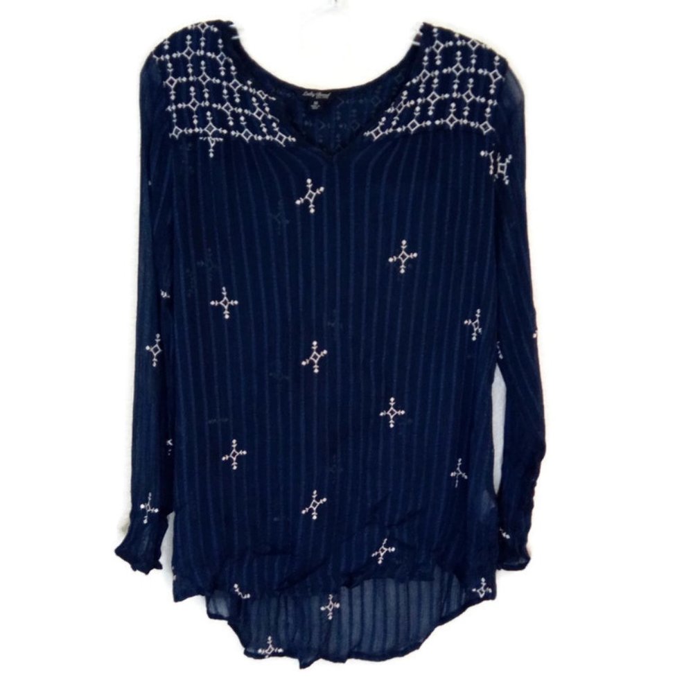 Lucky Brand Navy Sheer Embroidered Hi-Low Top M